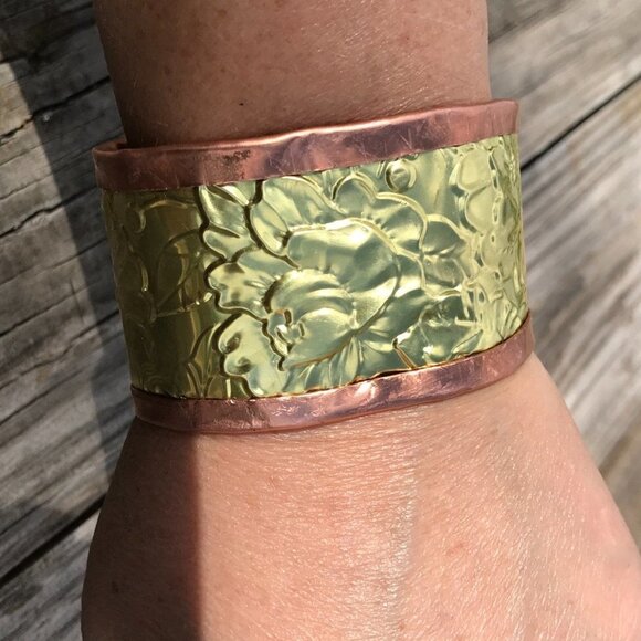Rose Brass Copper Cuff Bracelet Wide Bohemian Floral Statement Unisex Cowboy - Picture 4 of 9